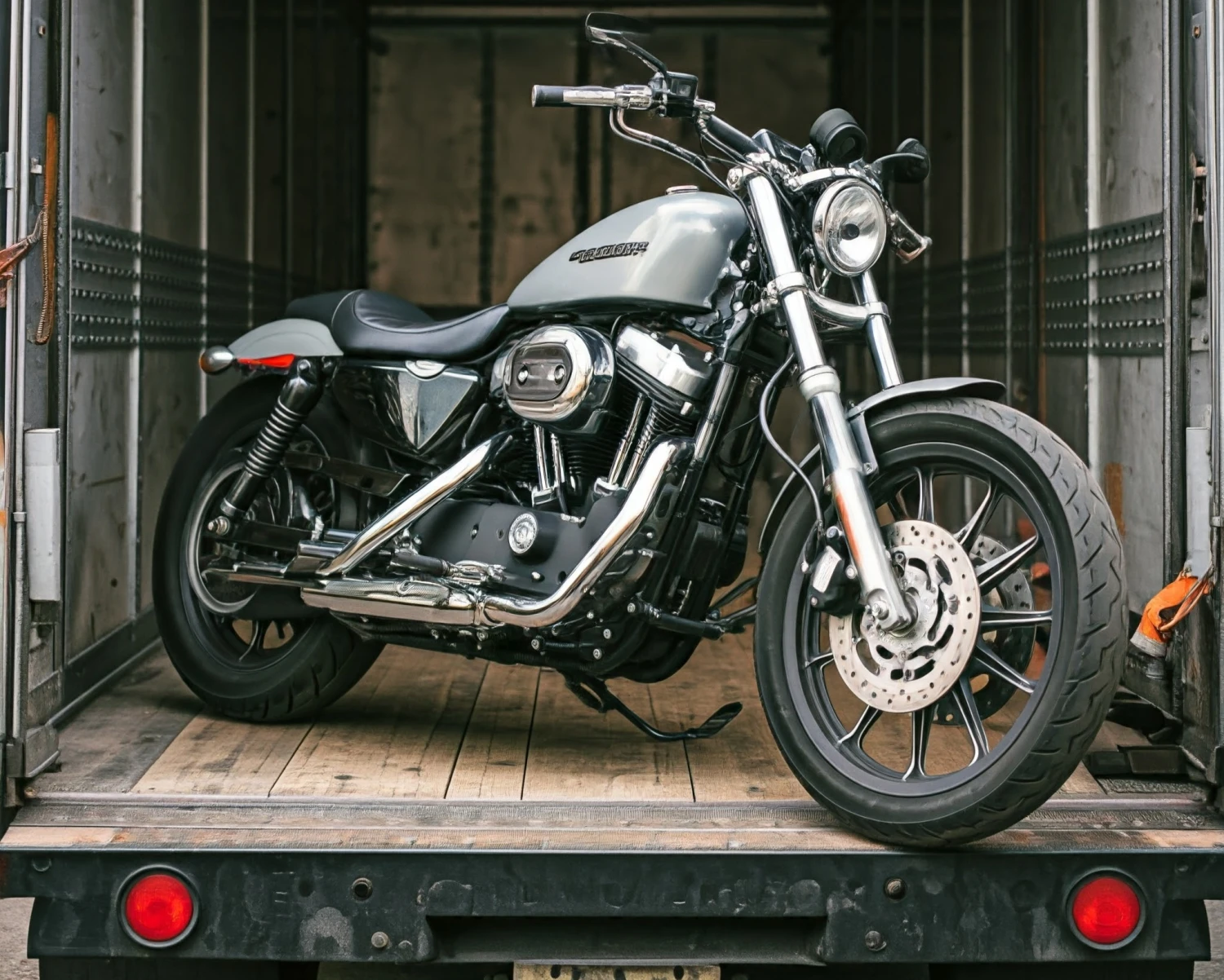 A truck loaded with a  motorcycle